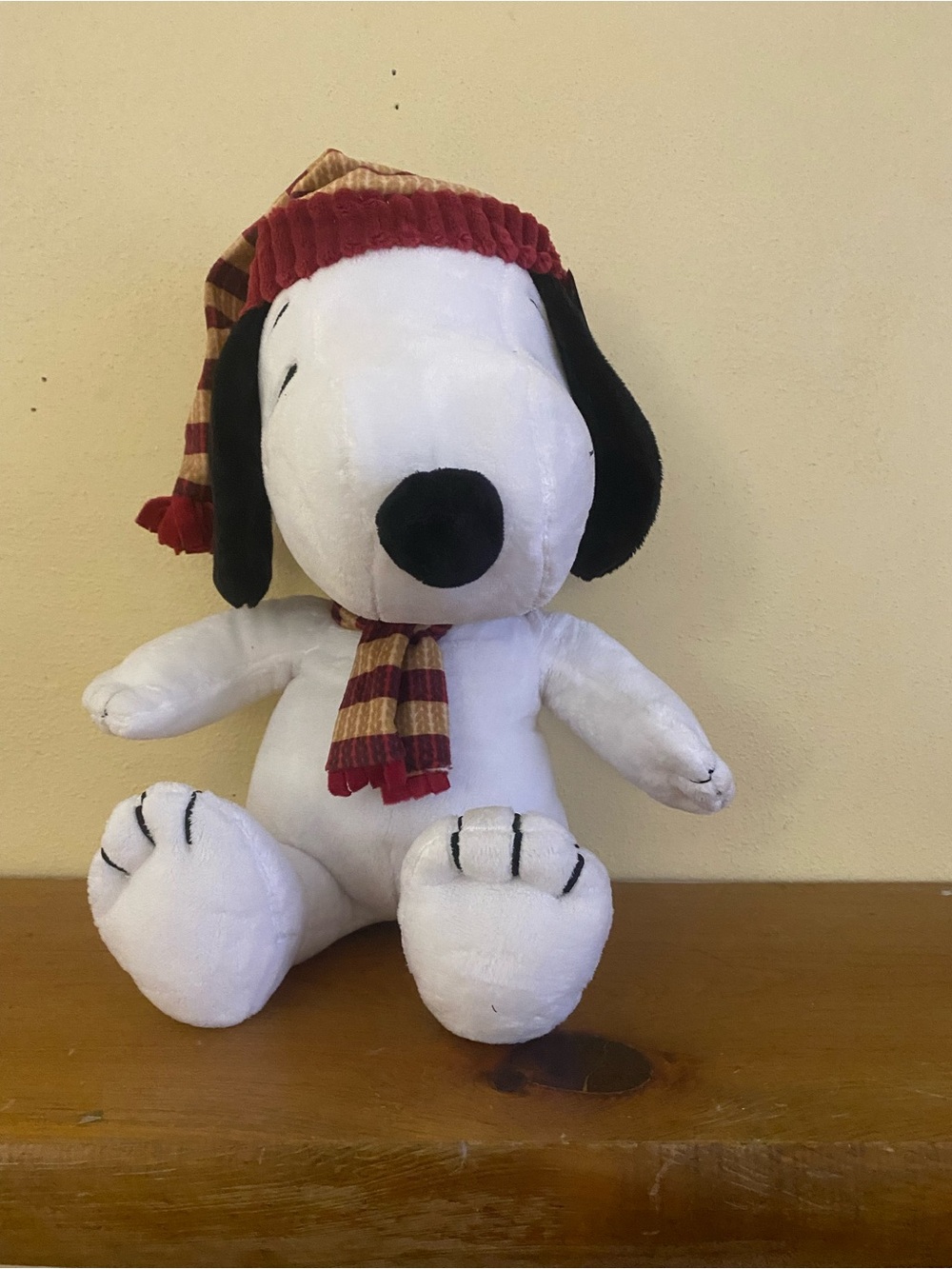 Peanuts White Snoopy Plush with Red & Tan Striped Hat and Scarf